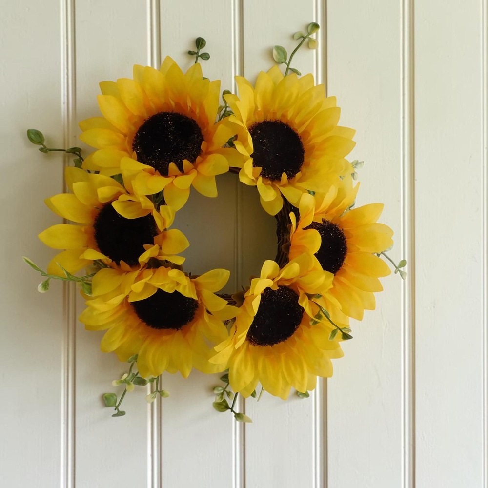 Yellow Sunflower Mini Wreath with Vines Grapevine Base Cabinet Decor Candle Ring